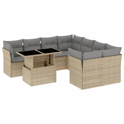 Produktbild von 9-tlg. Garten-Sofagarnitur mit Kissen Beige Poly Rattan