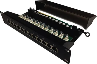 Obrázok produktu pre XtendLan Patch panel 10", 12 portov, 1U, Cat6, tienený, LSA, vodorovné umiestnenie konektorov, zemnič, čierny