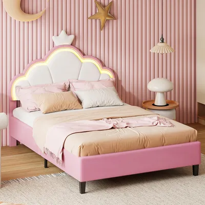 Immagine prodotto di Letto per bambini 90x190 cm con LED RGB, testiera a forma di , regolabile in altezza, rete a doghe, struttura imbottita rosa, capacità di carico fino a 120 kg