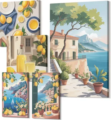 Obrázek produktu pro Moderní Obrazy Na Plátně – Polycanvas Tisk – 5-Dílný Set – Dekorace Na Stěnu – Obrazy Do Bytu – Umělecké Obrazy – Do Obývacího Pokoje – 2x 30x30 cm + 2x 20x30 cm + 1x 40x60 cm – Citrony s výhledem na malebnou krajinu