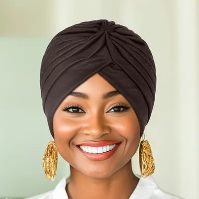 Produktbild von Beanie-Mütze und Turban-Stirnband in Schwarz, afrikanische Kopfbedeckung für Damen, 2er-Pack
