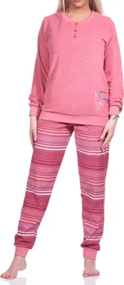 Produktbild von Damen Frottee Schlafanzug langarm mit Bündchen - Hose gestreift - auch in Übergrößen ; altrose , 56/58