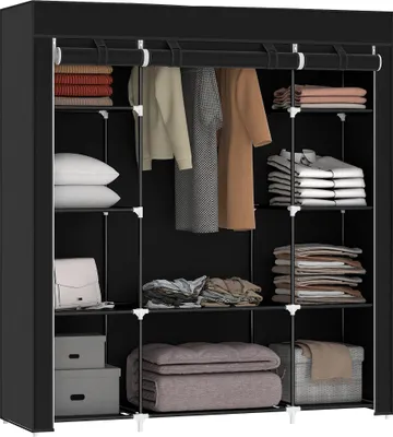 Produktbild von Faltschrank aus Vlies mit 9 Regalen und Kleiderstange, 162,5 x 150 x 43 cm, Schwarz