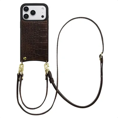 Zdjęcie produktu dla Etui na telefon Selencia Nova Croco ze sznurkiem i uchwytem na kartę do Apple iPhone 17 Pro - Choco Brown