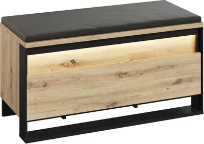 Produktbild von Sitzbank QUANT QG-03 mit LED-Beleuchtung Schuhschrank 92 cm Polsterbank Stauraum Flurbank Dielenbank Loft (Artisan Eiche / Schwarz)