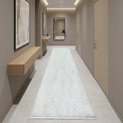 Immagine prodotto di Tappeto color crema con motivo astratto a linee, frange e design moderno. Dimensioni: 80 x 300 cm