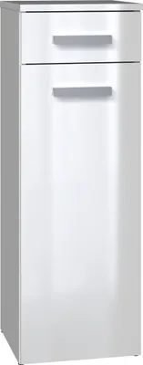 A white, high-gloss bathroom cabinet with two drawers and a door.