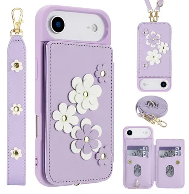 Obrázok produktu pre Crossbody puzdro z umelej kože pre Apple iPhone 17 Air s kvetinovým motívom a puzdrom na karty fialové