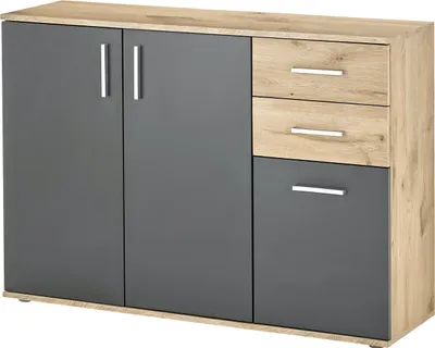Produktbild von Kommode - 120 x 84 cm - 3 Türen - 2 Schubladen - Grau matt - Viking Eiche Nachbildung