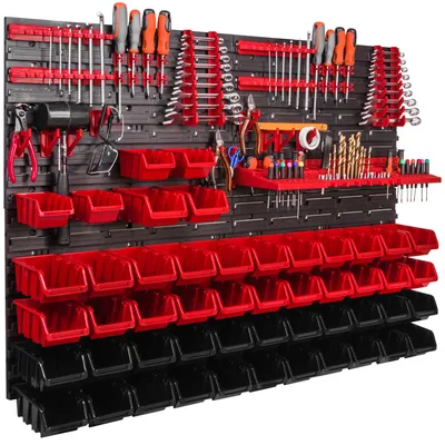 Immagine prodotto di Pannello portautensili a parete 115x78 cm con 50 pezzi. Scatole da appendere con set di supporti in plastica