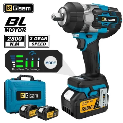 Produktbild von Gisam Akku-Schlagschrauber 1/2 Zoll, 2800 Nm, 18V, bürstenlos, mit 2 Akkus und Ladegerät, kompatibel mit Makita 18V-Akkus