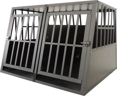 A dark gray, double-door dog crate is shown against a white background.