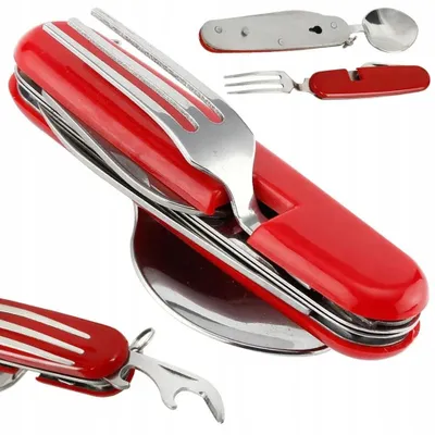 Produktbild von Taschenmesserbesteck 1 Stück Rot 4in1 Campingbesteck Gabel Löffel Messer Flaschenöffner Essbesteck Outdoor Reise Wanderbesteck