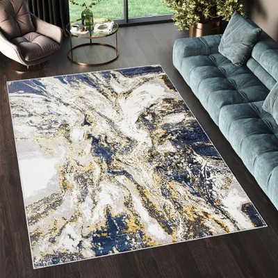 Produktbild von Tapiso Teppich SHINE Modern Vintage Design Grau Blau Gold  80 x 150 cm