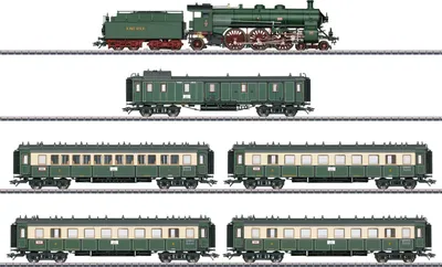 A model train set consisting of a locomotive and several passenger cars, displayed on a white background.