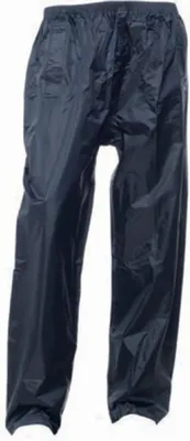 A pair of navy blue waterproof trousers laid flat against a white background.