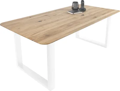 Produktbild von Esszimmertisch Schweizer Kante massiv & geölt Eiche 200x100 weiß U-Gestell Lotte