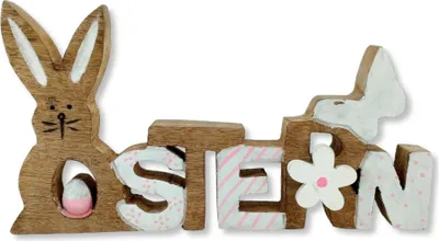 Produktbild von Holz und Metall Osterdeko Oster-Schriftzug rosa mit Hase, Ei, Blume und Schmetterling 27 x 15cm Ostereier