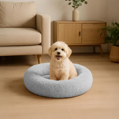 Obrázok produktu pre belviona donutový pelech pre psov, plyšový pelech s mäkkou výplňou, bezpečným uchytením a ergonomickým okrajom, priemer 50 cm, svetlosivý