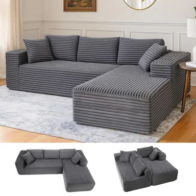 Obrázek produktu pro Modulární pohovka – rohová pohovka ve tvaru L – lehátko na pravé straně – manšestrová látka – skandinávský design – 277 × 174 × 59 cm – světle šedá