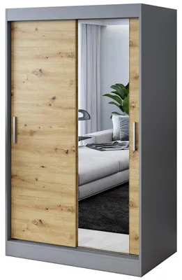 Zdjęcie produktu dla Szafa przesuwna - 120x200cm - Antracyt Mat/Dąb Artisan - Szafa przesuwna HUGO - z lustrem- do sypialni i garderoby