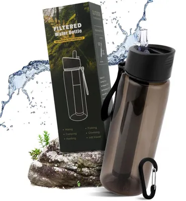 Obrázek produktu pro Filtrační láhev na vodu, objem 650 ml, černá barva, kapacita 1500 litrů, odstraňuje 99,99 % bakterií, materiál Tritan, s kompasem