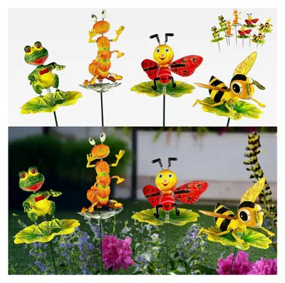 Produktbild von 4er Set Blumenstecker Tiere auf Blatt | H60cm Eisen Polystyrol bunt | Biene, Frosch, Raupe, Marienkäfer beweglich | Gartendeko