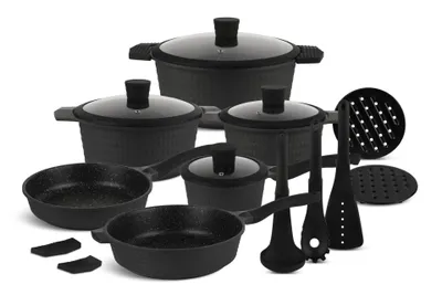 Produktbild von Schwarze Töpfe mit Bratpfannen und Kasserolle Glasdeckel Keramik Marmor 15 tlg
