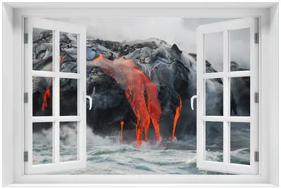 Produktbild von Wallario Premium Glasbild mit Fensterrahmen, freischwebende Optik, kräftige Farben, Größe 60 x 90 cm Motiv Lavastrom ins Meer