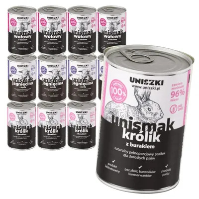 Zdjęcie produktu dla Uniszki Unismak 12x400g Bezzbożowa Mokra Karma dla Psa Mix Smaków Jagnięcina Królik Wołowina