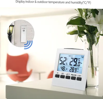 Obrázok produktu pre LCD digitálny bezdrôtový vnútorný/vonkajší teplomer Hygrometer ℃/℉ Meradlo teploty a vlhkosti s vysielačom maximálnych a minimálnych hodnôt