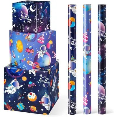 Produktbild von Geschenkpapier Weltraum 3 Rollen 43cm x 3m Blau für Jungen Kinder Geburtstag Party