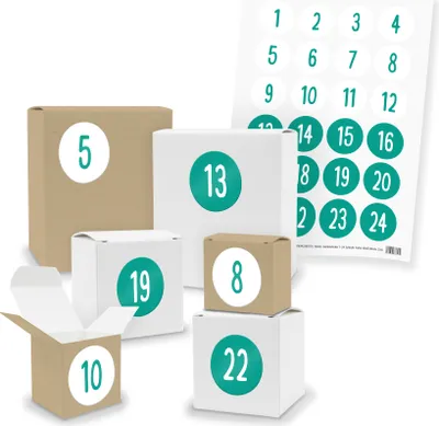 Produktbild von Adventskalender zum Füllen 24x Quader Würfel gemischt + Sticker (V03 Z34)