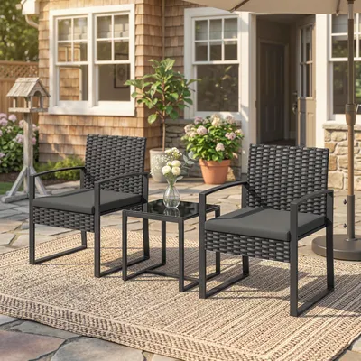 Produktbild von SUGIFT Rattan Bistroset 3-teilig, Balkonmöbel Sitzgruppe, PE-Rattan Gartenstühle mit Couchtisch, Dunkelgrau | 55x58x76 cm | Stahlrahmen | abnehmbare Kissen