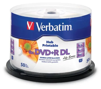 Produktbild von Verbatim 97693 DVD Double Layer DVD+R DL 8.5 GB / 240 min 8x, Full printable White No ID, 50 Stück in Cakebox