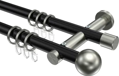 Produktbild von Interdeco Gardinenstange / Vorhangstange Schwarz / Edelstahl-Optik, Typ Platon Luino (Kugel), 20 mm Ø 2-läufig, 320 cm