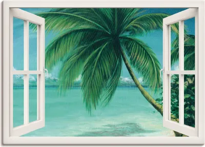 Produktbild von ARTland Leinwandbild Fensterblick - Palmenstrand Größe: 100x70 cm