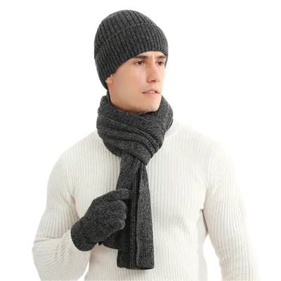 Produktbild von Winter 3 in 1 Mütze Schal Handschuh Set für Herren Damen, Dunkelgrau