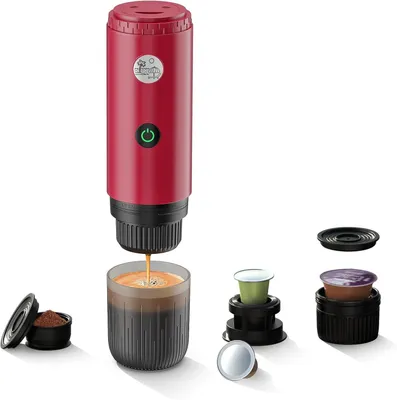 Tragbare Espressomaschine, 3-in-1, 19 bar, rot, für Kapseln & Kaffeepulver