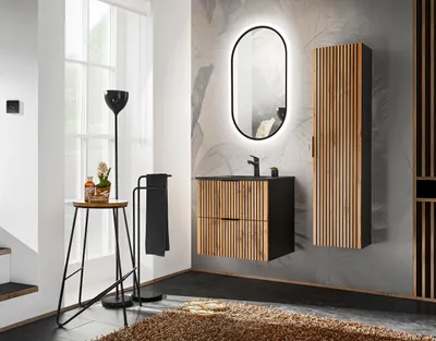 Produktbild von MONTIERT Design Badmöbel Set XILO 60 cm mit Waschbecken schwarz LED Soft-Close komplettes Badmöbel Set