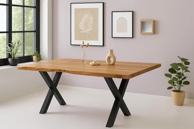 Produktbild von Esstisch Baumkante Akazie massiv 50mm Natur 300 x 100 cm X-Gestell schwarz CALI