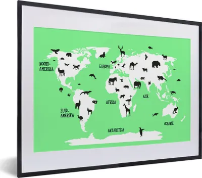 Produktbild von MuchoWow® MuchoWow® Gerahmtes Poster Weltkarte Kinder - Tiere - Mintgrün 40x30 cm - Poster mit zchwarzem Bilderrahmen - Bilderrahmen - Poster im Rahmen
