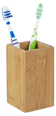 Produktbild von 4 x Zahnputzbecher, eckig, natürliches Design, Bad Zahnbecher, Bambus PU-beschichtet, HBT 11 x 6,5 x 6,5 cm, natur, KI-generiertes Bild