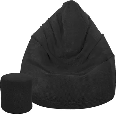A black beanbag chair and a matching ottoman are shown against a white background.
