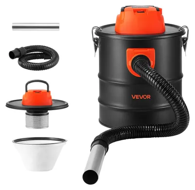 Obrázek produktu pro VEVOR Vysavač na popel 1200W, přenosný vysavač na komín, objem 15 litrů, ocelová nádrž, černá/oranžová barva. Vysavač s funkcí foukání pro kamna, pece na pelety, grily a ohniště. Dvojitý filtrační systém, s kolečky, madlem a hadicí o délce 0,8 m