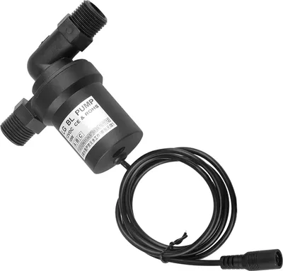 A black DC water pump with a power cord and connector, isolated on a white background.