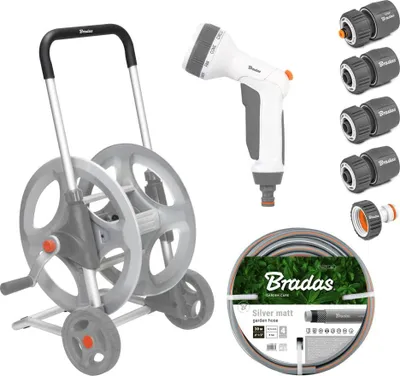 Obrázek produktu pro BRADAS Pojízdný naviják WHITE LINE s hadicí 1/2" 30 m a příslušenstvím SILVER PRO SET, kovový - BR-WL-AG33330SET1