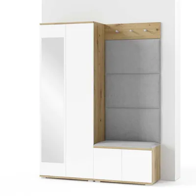 Produktbild von Garderoben-Set Aura Version 1: Kleiderschrank mit Polsterpaneelen, Schuhschrank Flur und Eingangsbereich (weiß/Artisan-Eiche /Trinity 14)
