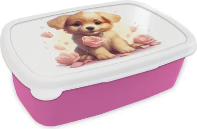 Obrázok produktu pre KitchenYeah® Lunchbox Lunchbox 17x11 cm Pes - Kvety - Ružová - Dievča - Detský detský box na desiatu - Obedová krabička - Box na chlieb - Box na sendvič