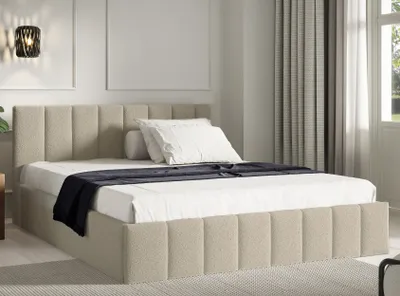Produktbild von Čalouněná postel 180x200 Béžová látková postel Boucle s dřevěným lamelovým roštem a úložným prostorem
